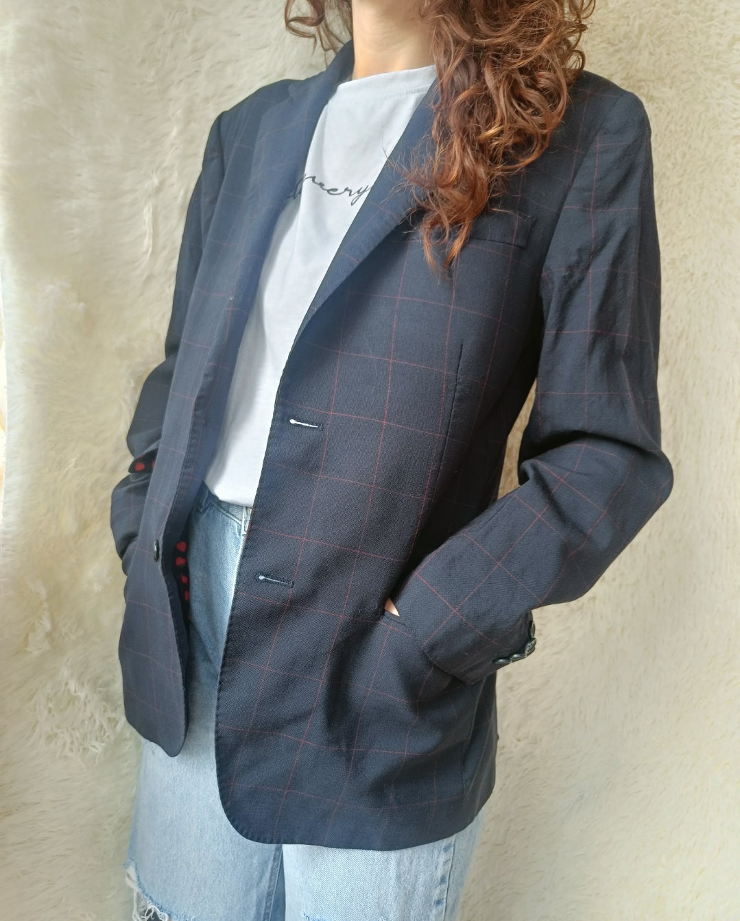 Blazer a quadri con fodera fantasia