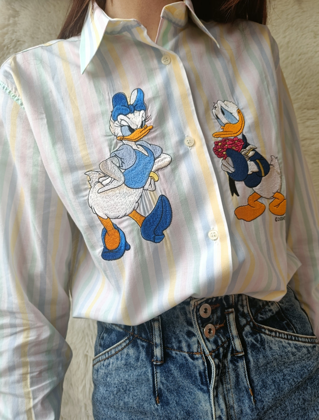 Camicia a righe pastello con ricamo Disney