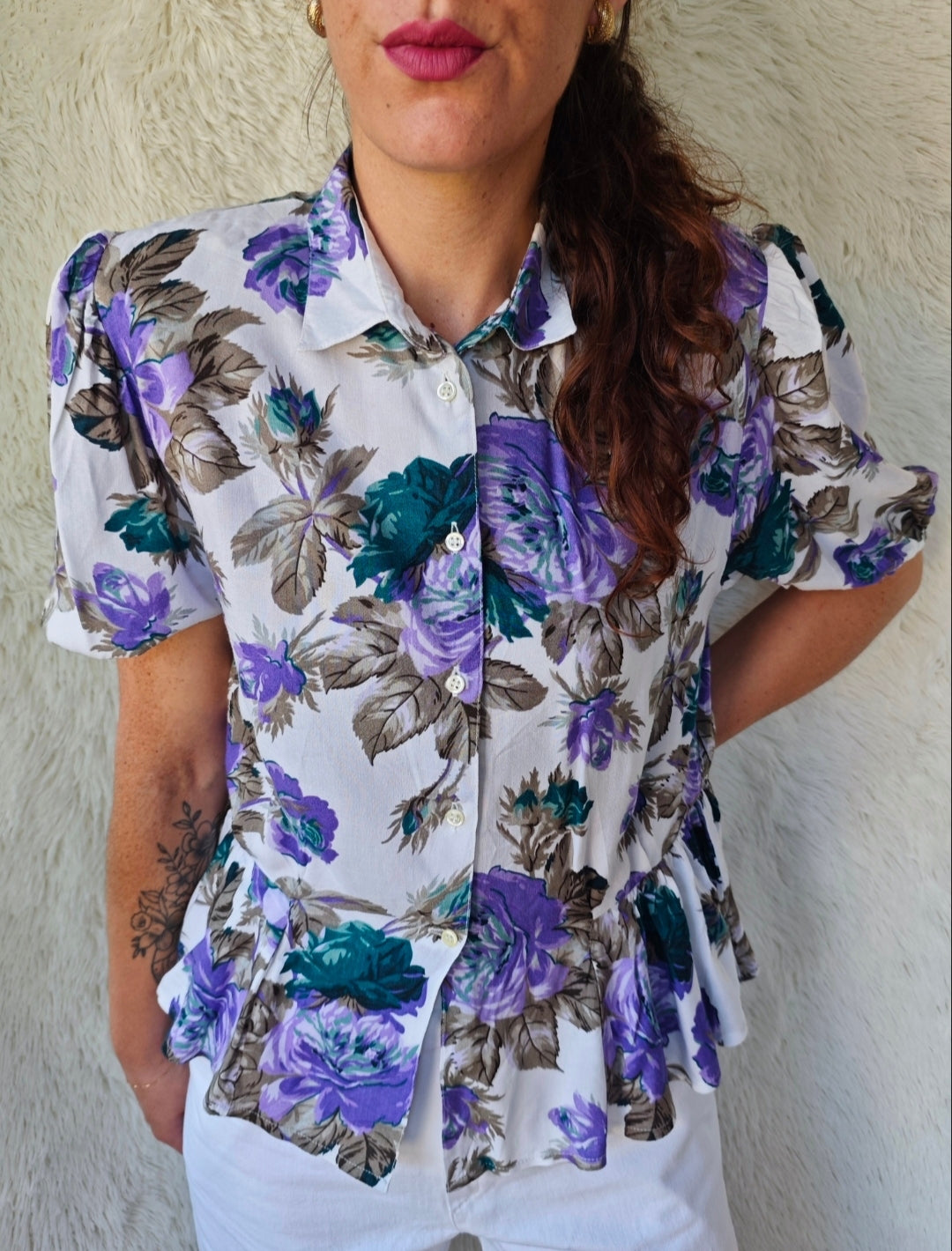 Camicia Vintage Floreale Viscosa Anni '80 con Balze
