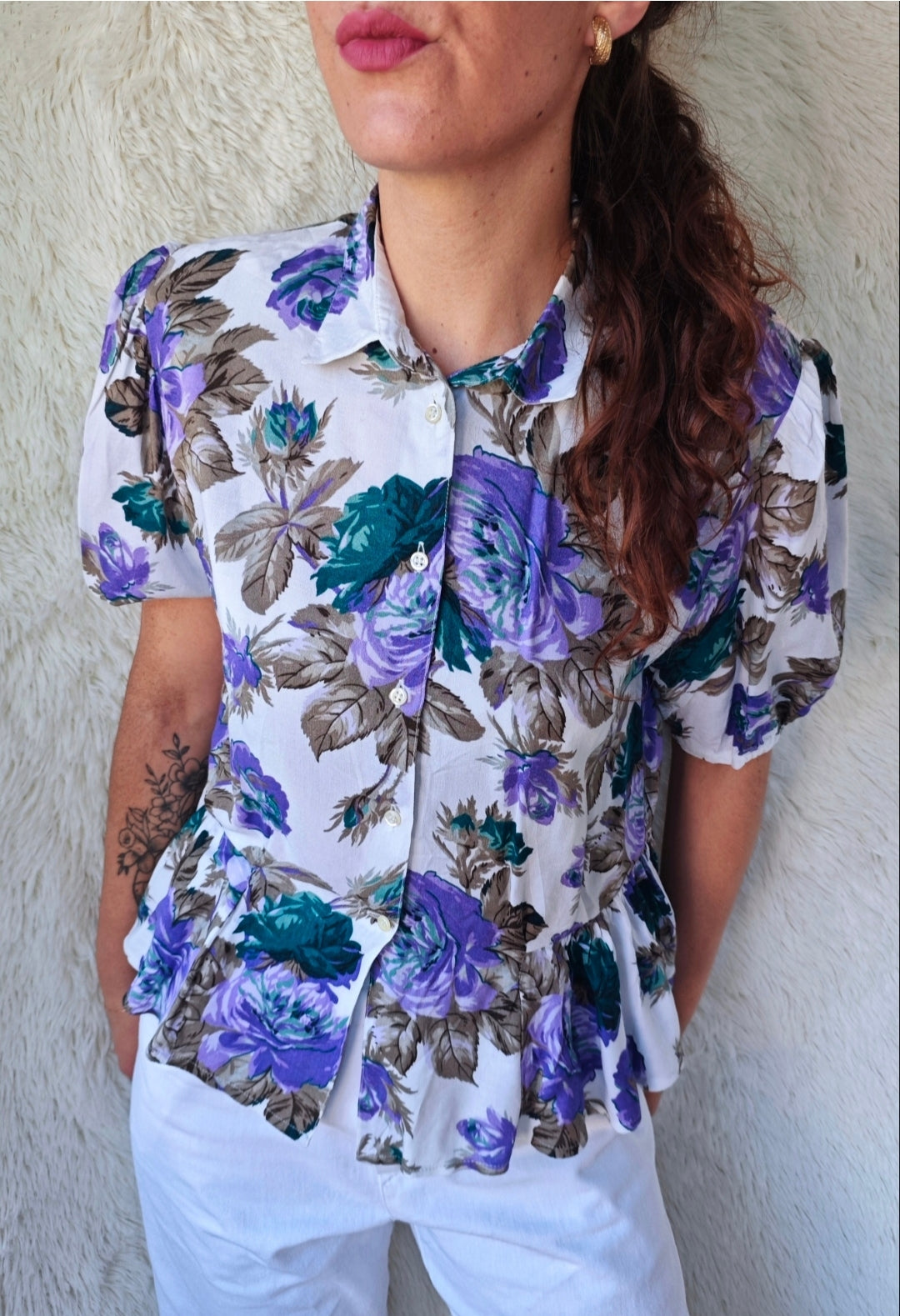 Camicia Vintage Floreale Viscosa Anni '80 con Balze