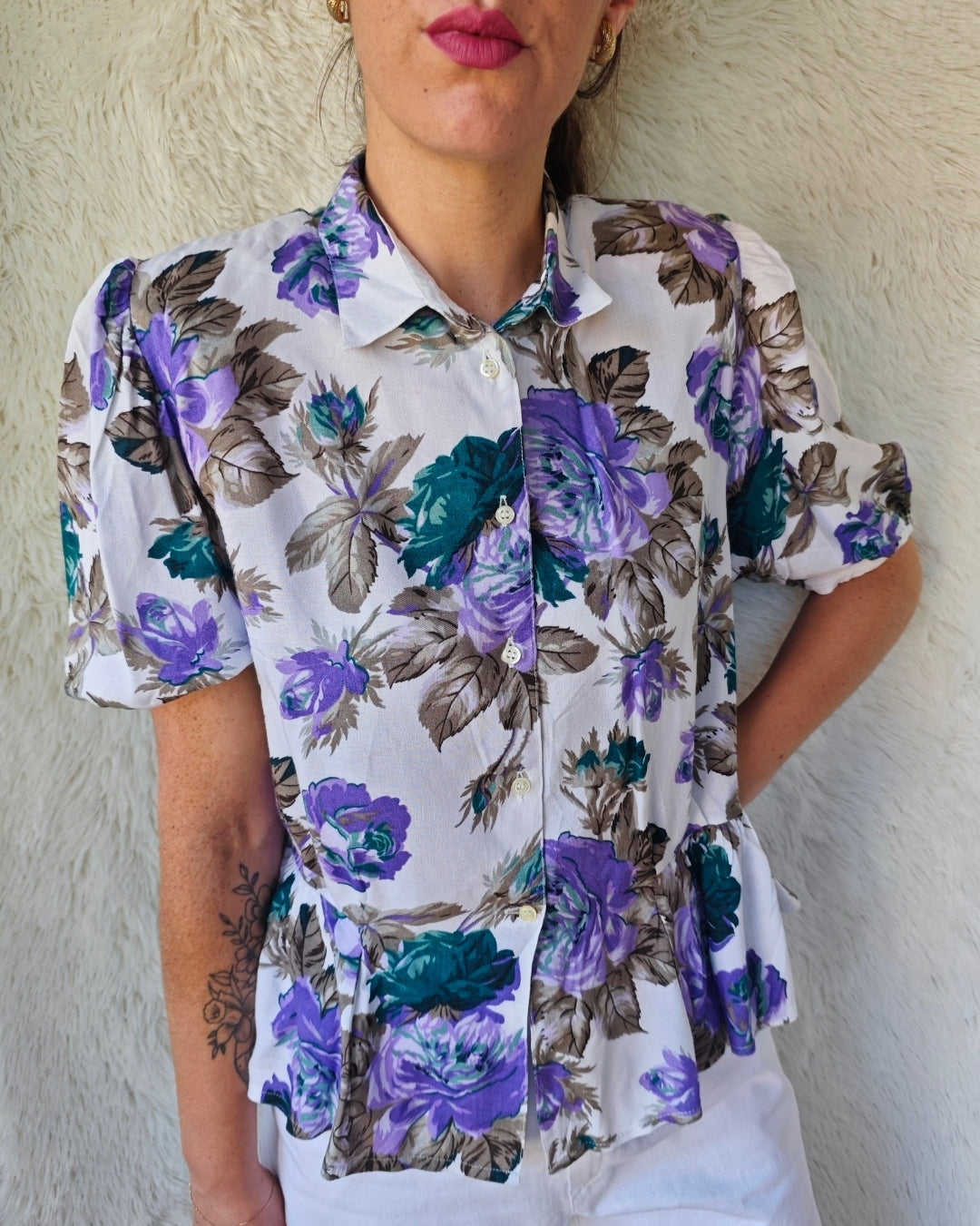 Camicia Vintage Floreale Viscosa Anni '80 con Balze