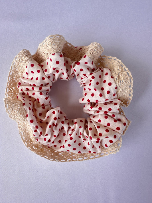 Scrunchie in Cotone a Pois con Pizzo beige